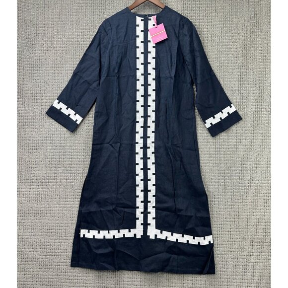 Tuckernuck Designer Dress Womens M Navy 3/4 Sleeve Linen Embroidered Hartman NWT - Picture 3 of 16